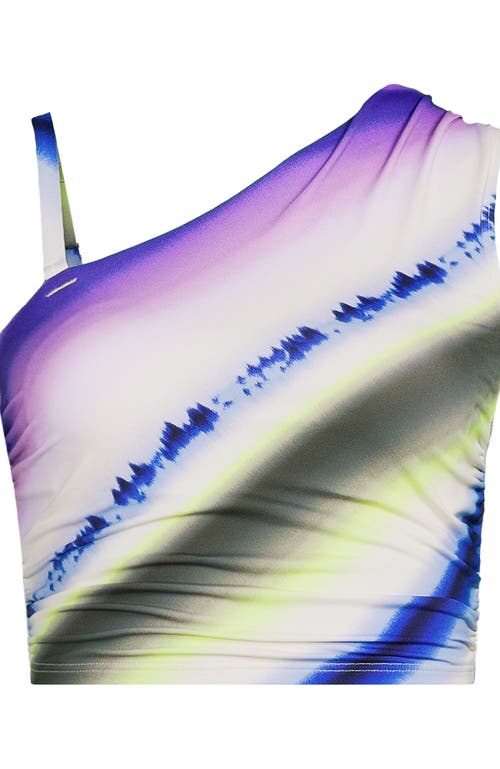 Lands' End Ruched One Shoulder Midkini Swimsuit Top In Egret White Ombre Stripes