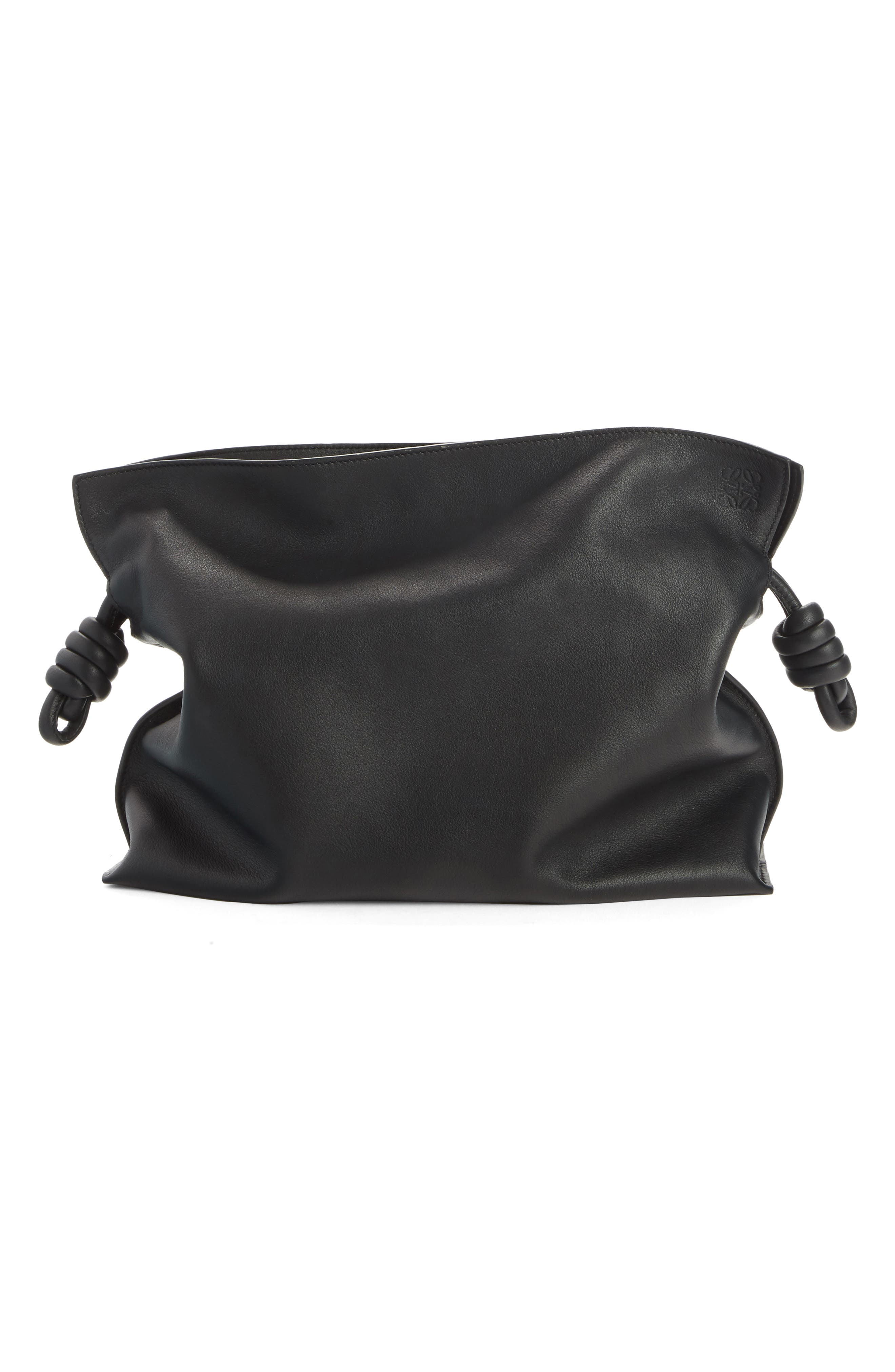 Flamenco Knot Leather Clutch, Alternate, color, BLACK