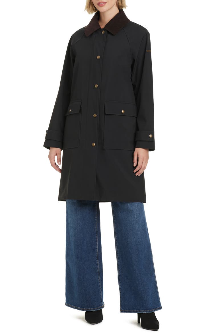Contrast Collar Longline Raincoat, Alternate, color, BLACK