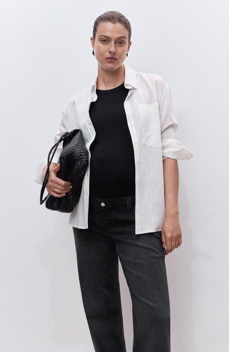 MANGO Over the Bump Raw Hem Straight Leg Maternity Jeans, Alternate, color, Black Denim