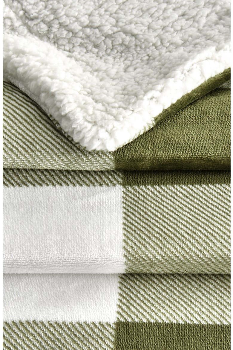 Reversible Faux Shearling Blanket, Alternate, color, OLIVE GREEN BUFFALO CHECKS