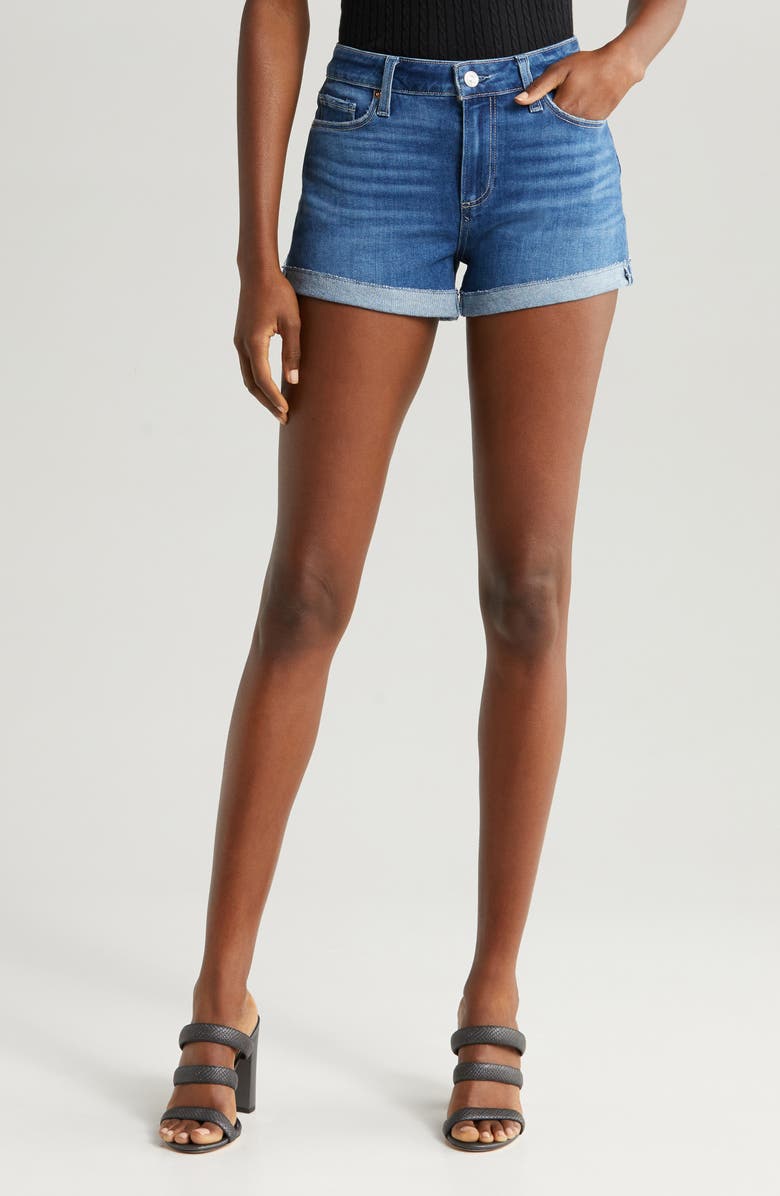 PAIGE Jimmy Jimmy High Waist Cuff Denim Shorts, Main, color, Begonia