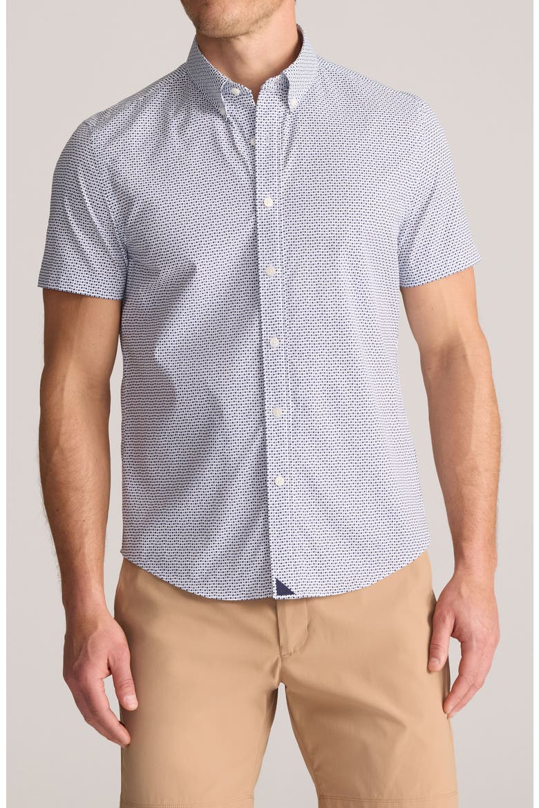 Microprint Short Sleeve Performance Button-Down Shirt, Main, color, NAVY