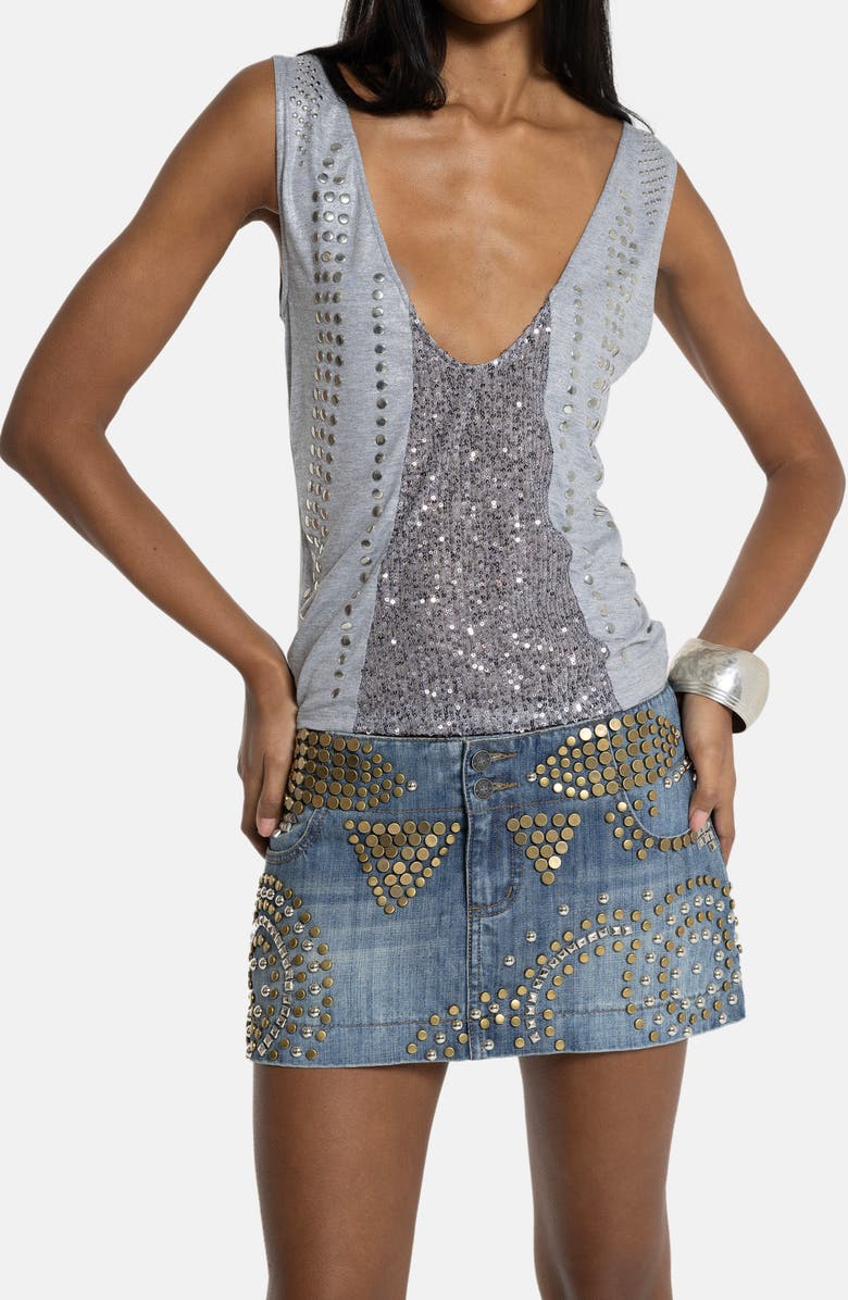 JADED LONDON Studded Sequin Plunge Neck Tank, Alternate, color, Grey