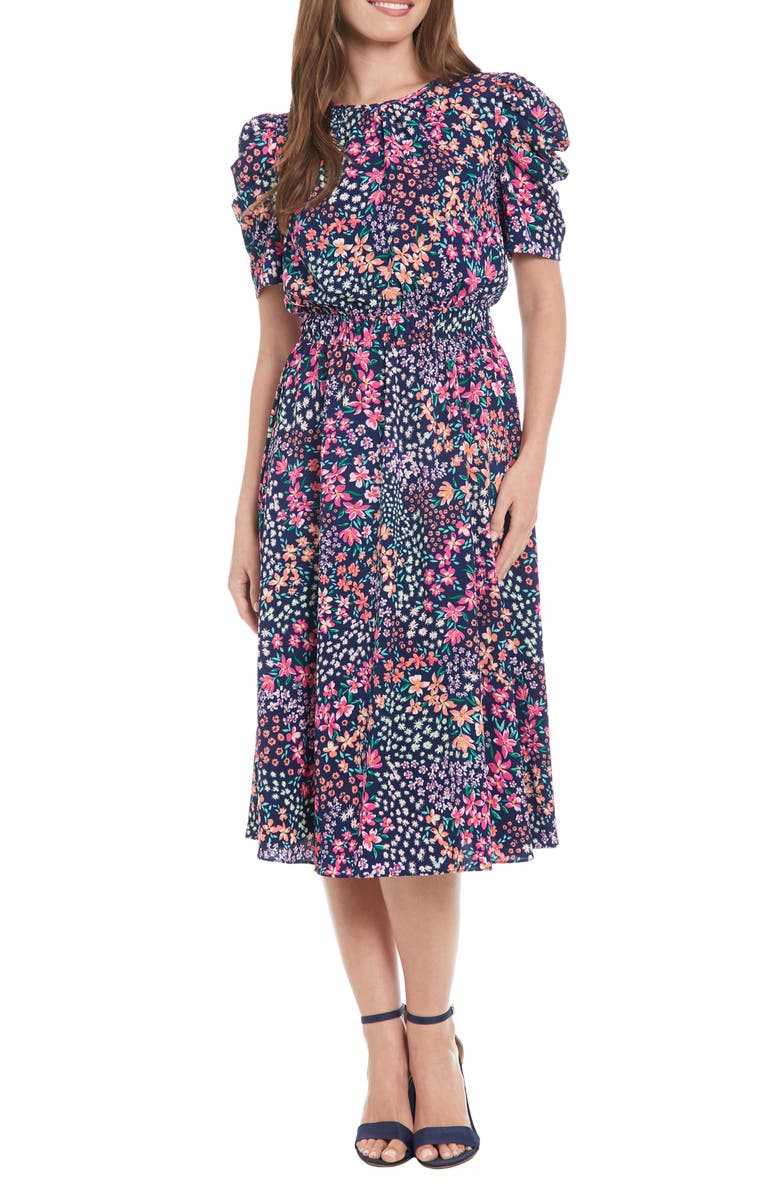 London Times Floral Short Sleeve Midi Dress, Main, color, 