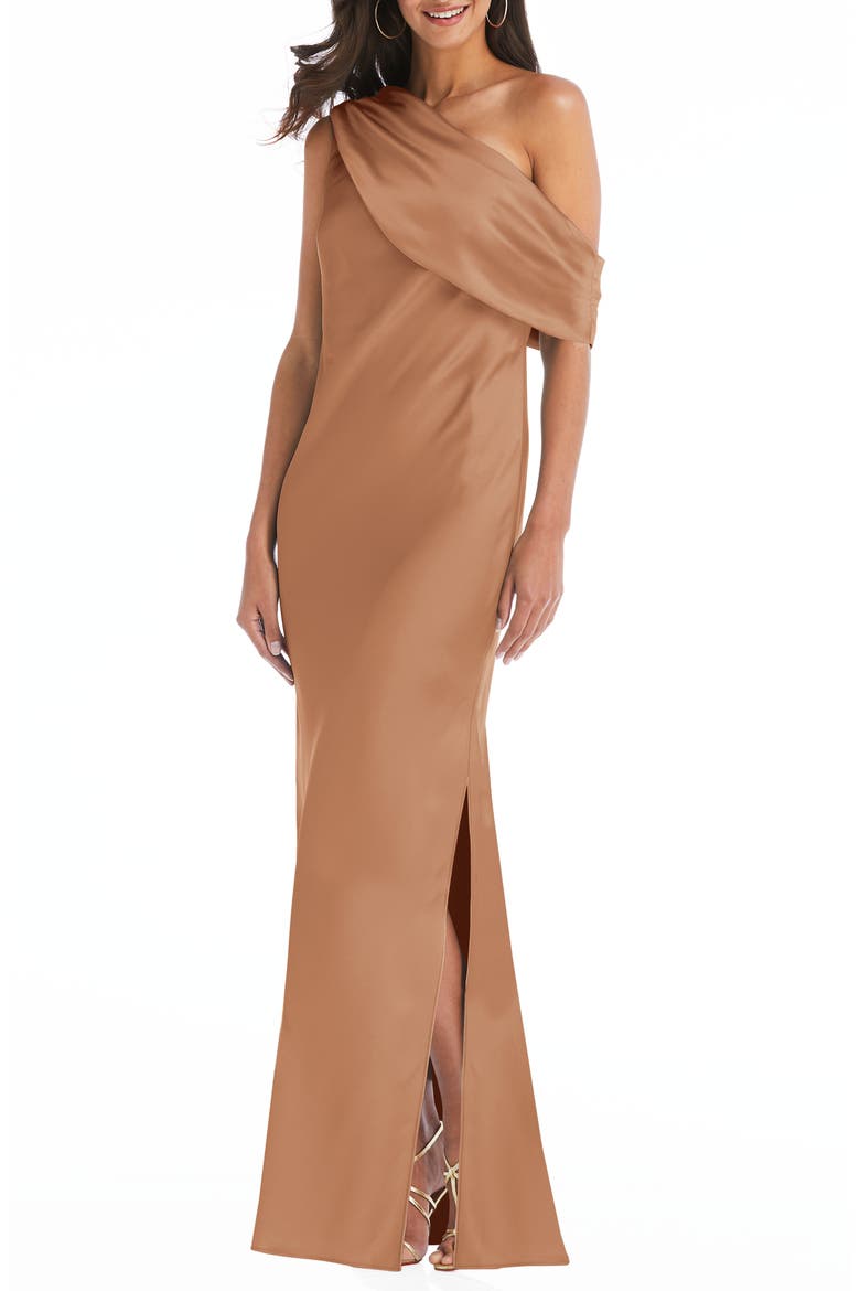 Draped One-Shoulder Convertible Column Gown, Main, color, TOFFEE