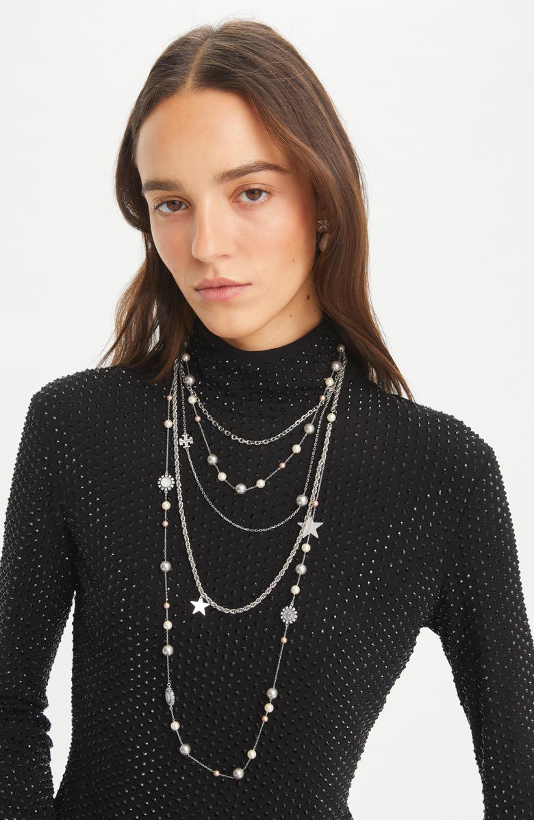 Tory Burch Faux Pearl and Mother-of-Pearl Station Multistrand Necklace, Alternate, color,