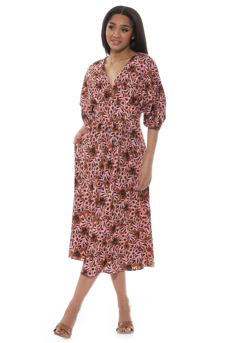 August Draped Sleeve Fit & Flare Midi Dress, Alternate, color, BROWN FLORAL
