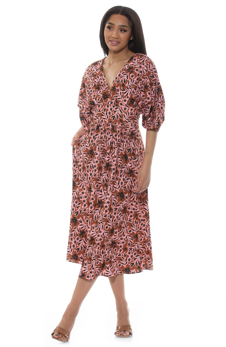 Alexia Admor August Draped Sleeve Fit & Flare Midi Dress, Alternate, color, Brown Floral