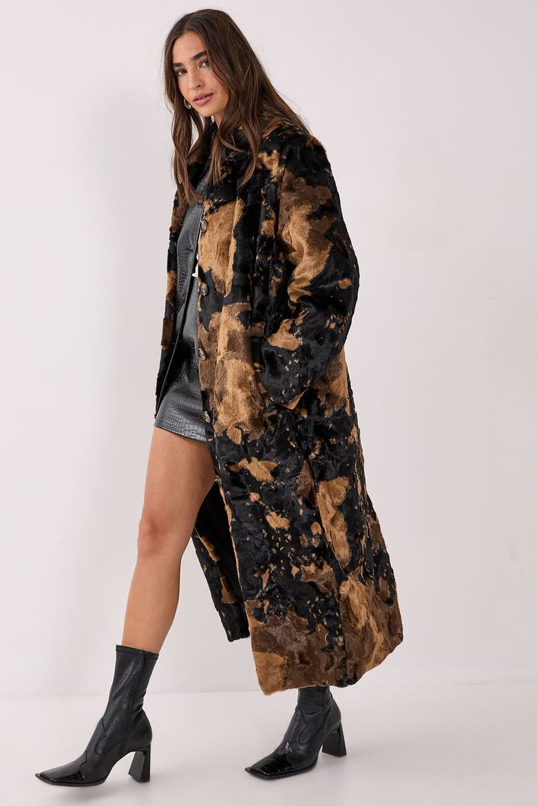 Cow Print Faux Fur Longline Coat, Alternate, color, Brown
