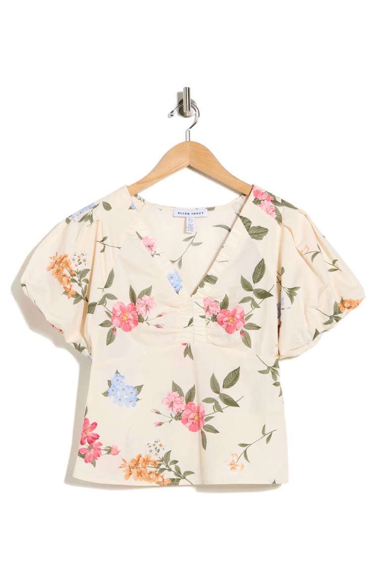 Balloon Sleeve Cotton Poplin Top, Alternate, color, BEIGE GARDEN FLORAL