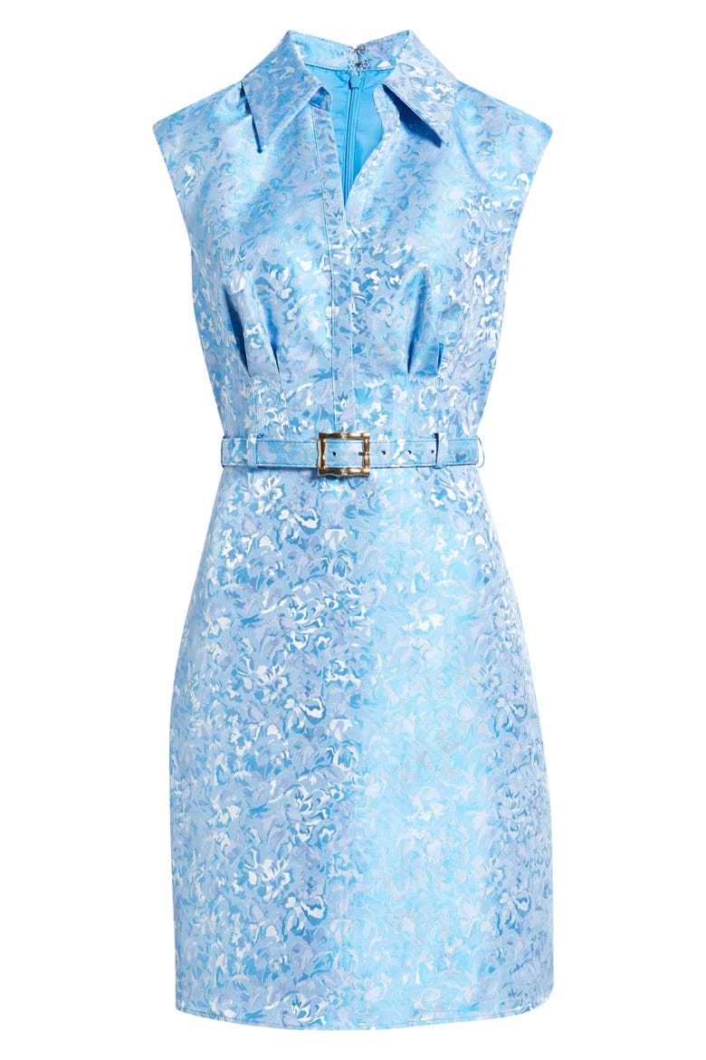 Belted Floral Jacquard Sleeveless Cocktail Dress, Alternate, color, BLUE MULTI