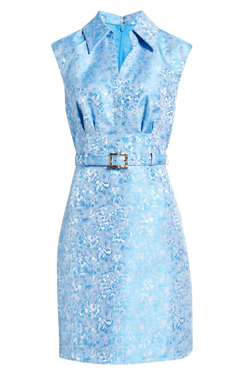 Adrianna Papell Belted Floral Jacquard Sleeveless Cocktail Dress, Main, color, Blue Multi