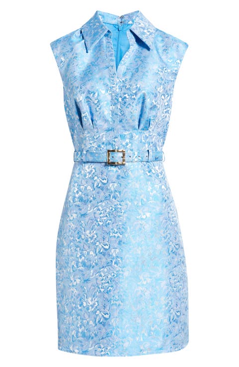 Belted Floral Jacquard Sleeveless Cocktail Dress