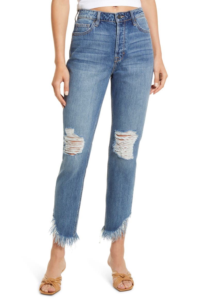 High Waist Fray Hem Ankle Mom Jeans, Main, color, MEDIUM WASH
