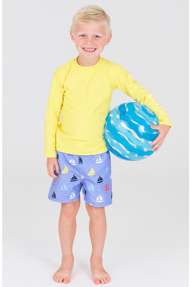 Kids' Sailboat Print Swim Trunks, Alternate, color, DOWN BY THE BAY