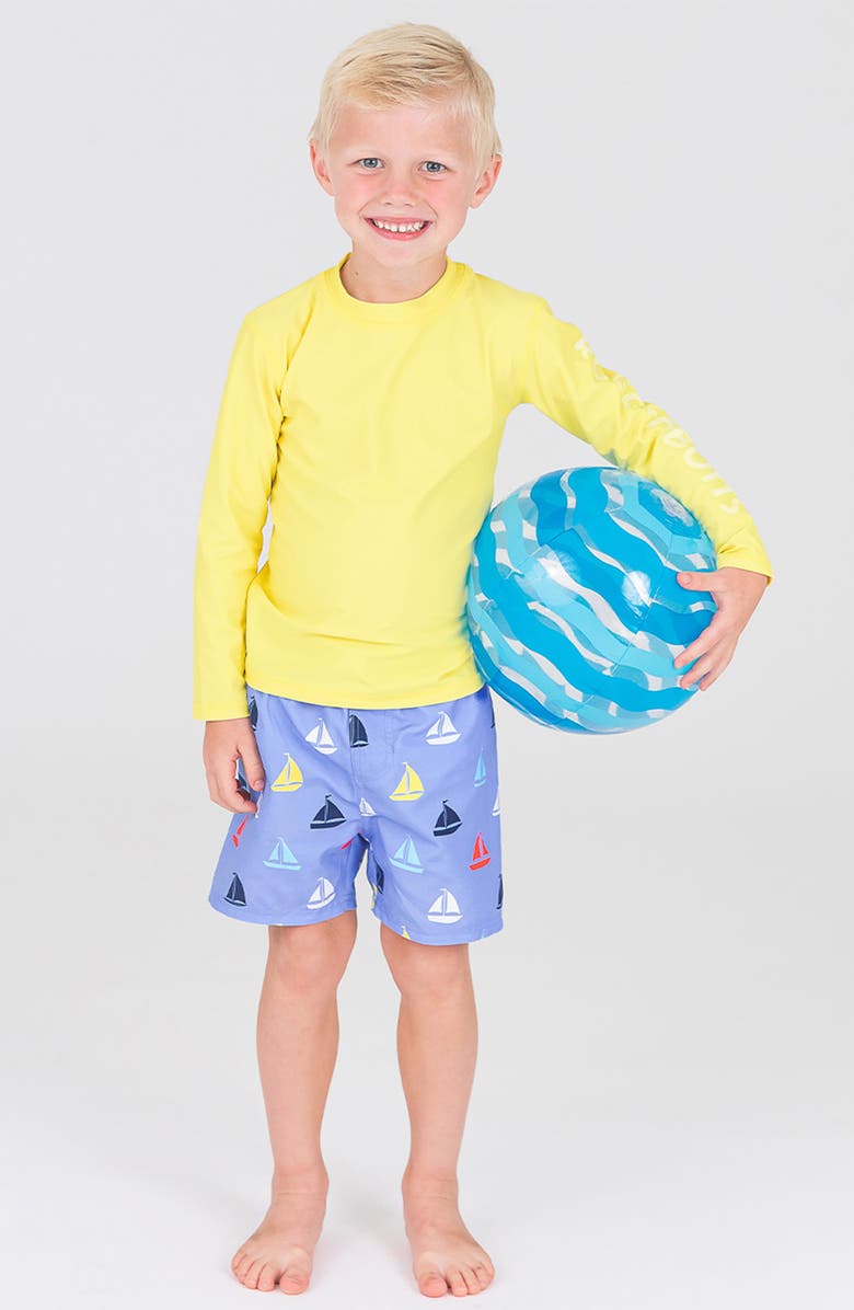 RuggedButts Kids' Sailboat Print Swim Trunks, Alternate, color, Down By The Bay