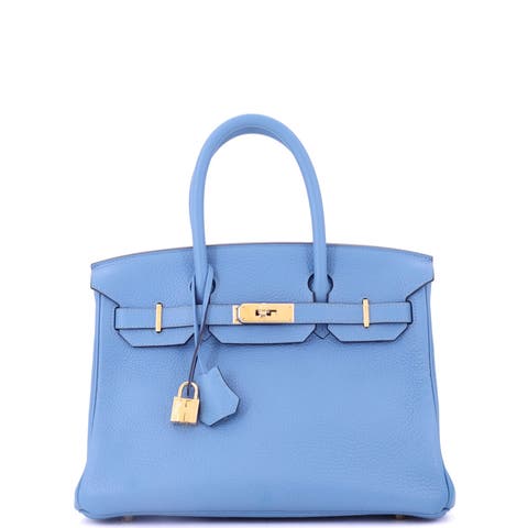 Birkin Handbag Blue Clemence with Gold Hardware 30