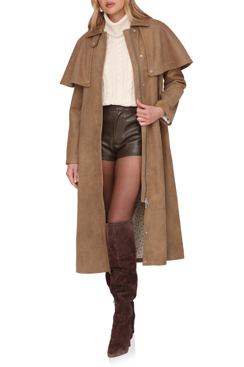 Faux Suede Cape Trench Coat, Main, color, FAWN