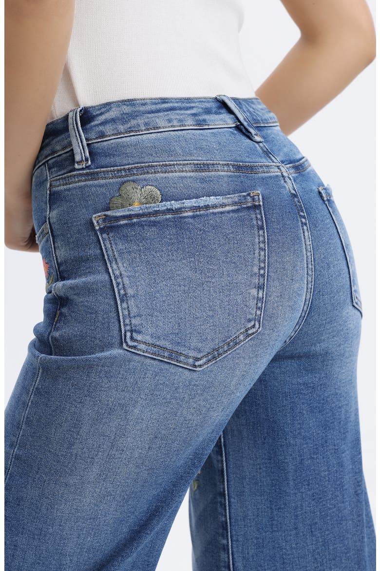 Embroidered Raw Hem Mid Rise Wide Leg Jeans, Alternate, color, MEDIUM BLUE