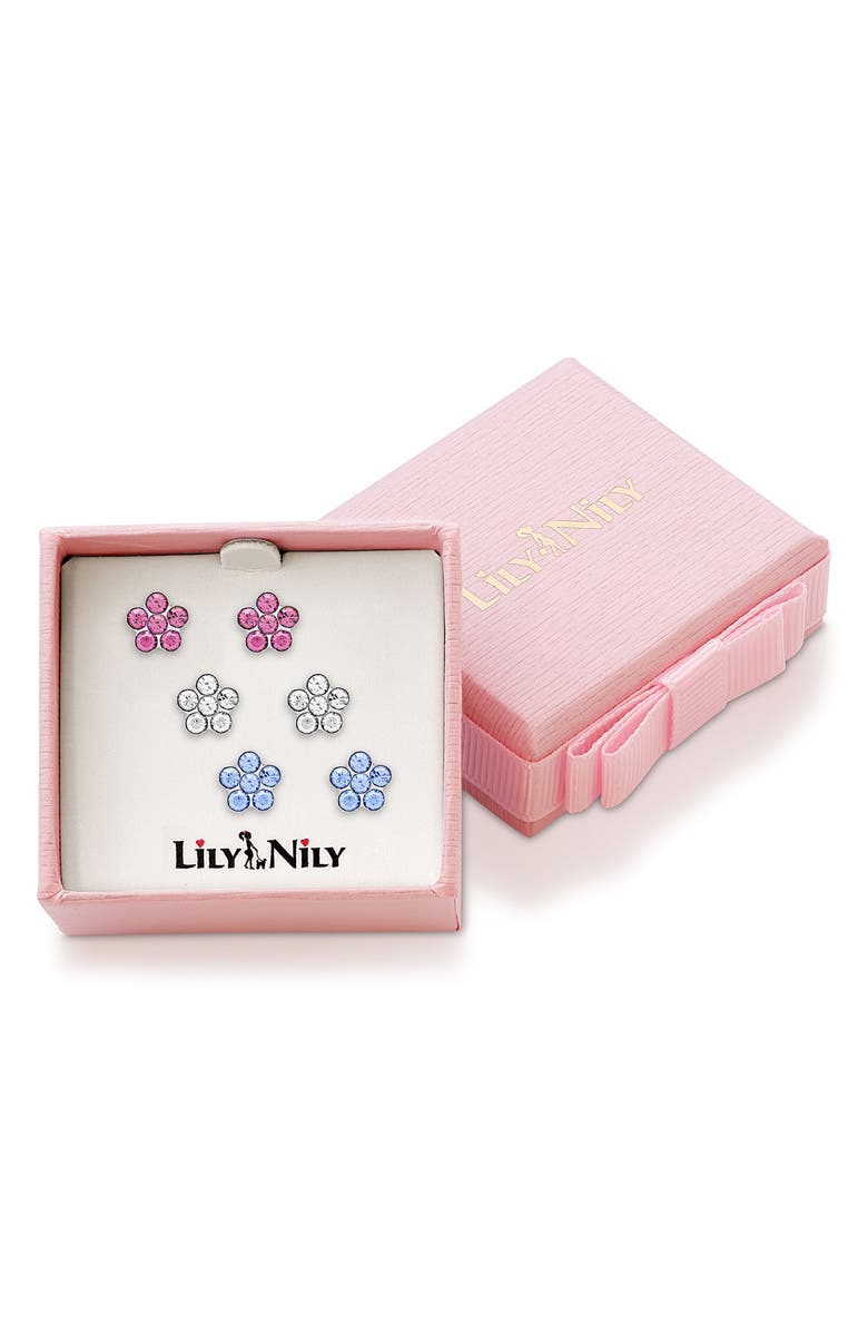Lily Nily Set of 3 Kids' Crystal Flower Stud Earrings, Alternate, color, Multi