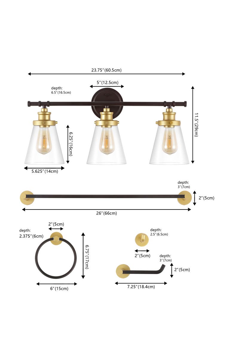 JONATHAN Y Hollis 23.75" 3-Light Traditional Farmhouse Vanity Light with Bathroom Hardware Accessory Set, Alternate, color, 