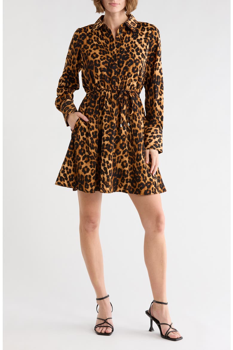 Leopard Print Long Sleeve Shirtdress, Main, color, LEOPARD