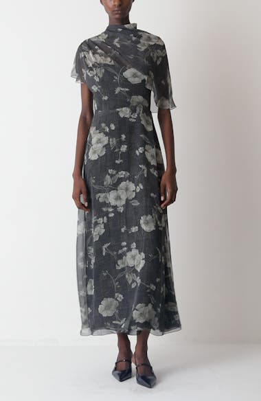 Lela Rose Floral Print Glen Plaid Chiffon Draped A-Line Dress |  Nordstromrack