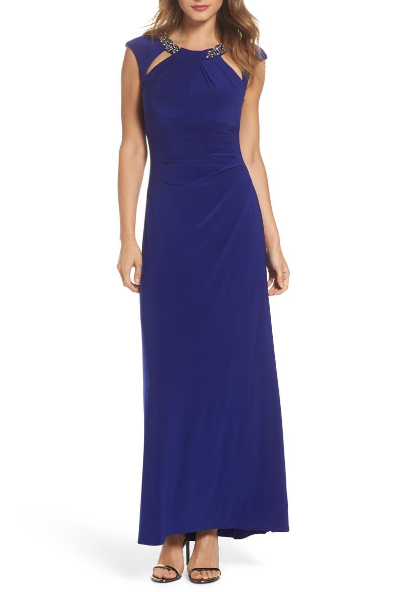 Jeweled Neck Column Gown, Main, color, COBALT
