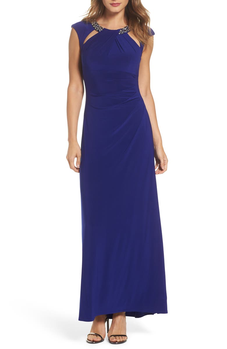 Eliza J Jeweled Neck Column Gown, Main, color,