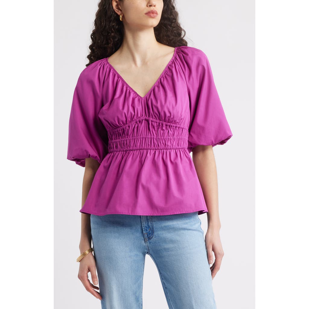 Nordstrom Puff Sleeve Cotton Poplin Shirt In Pink Wild Aster