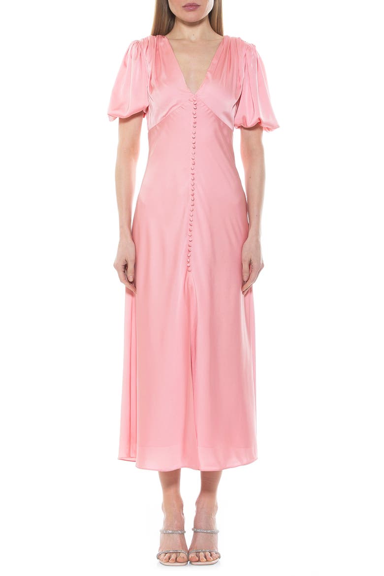 Lorelei V-Neck Bubble Sleeve Midi Dress, Main, color, PINK