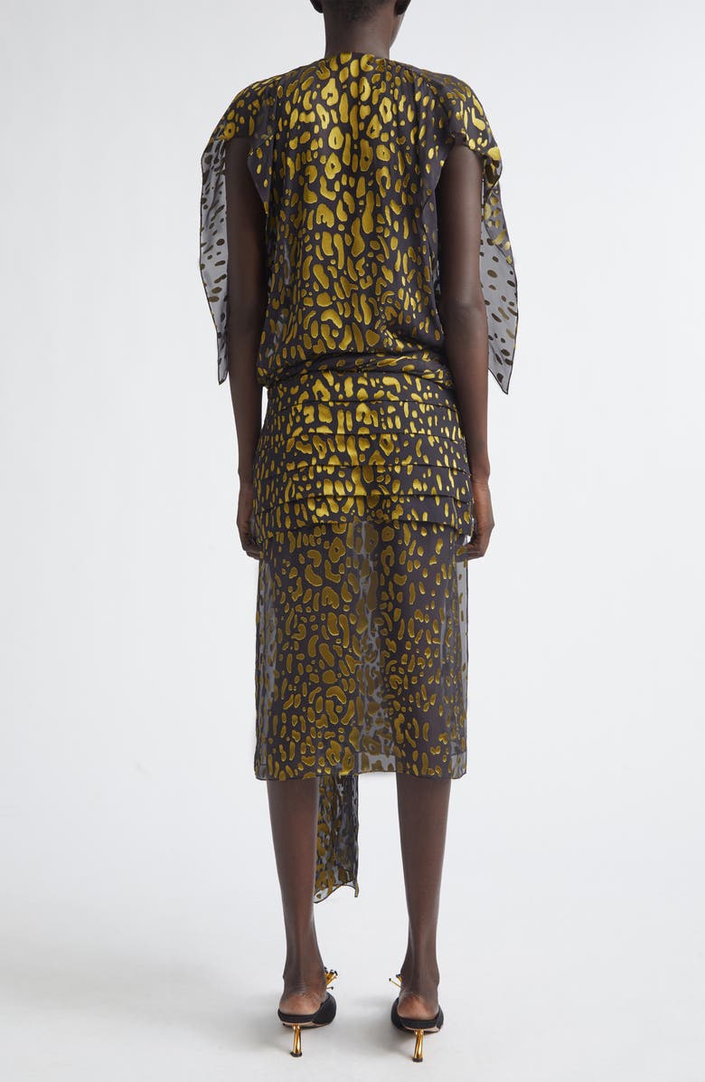 FERRAGAMO Plunge Neck Belted Devoré Silk Blend Georgette Dress, Alternate, color, Expresso/ Brasswood