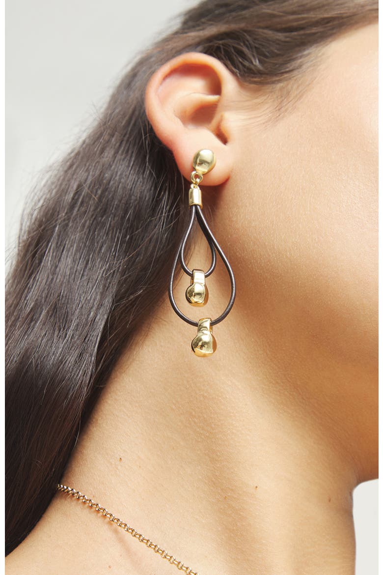 Double long leather earrings with 18k gold-plated dial detail, Alternate, color, Gold