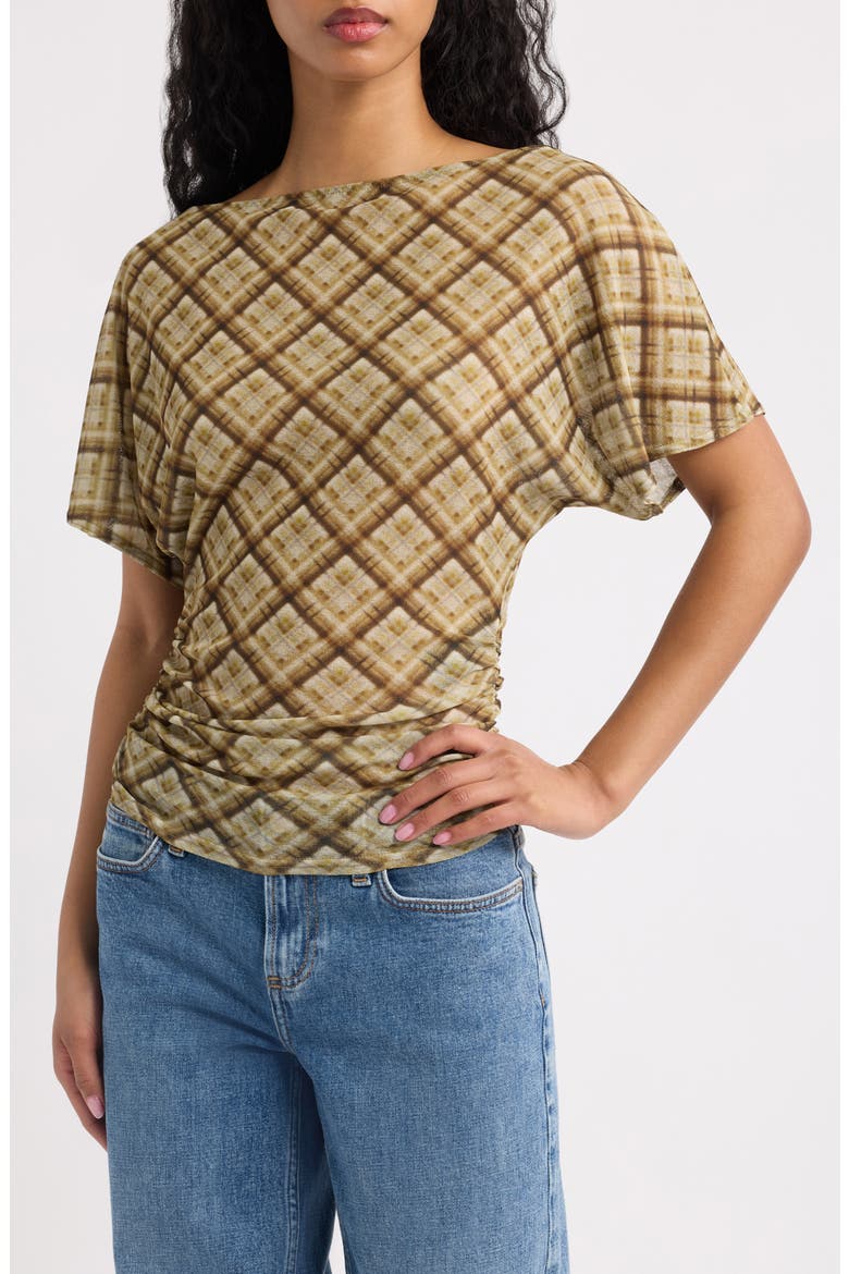 Slash Neck Ruched Mesh Top, Main, color, GREEN CHECK