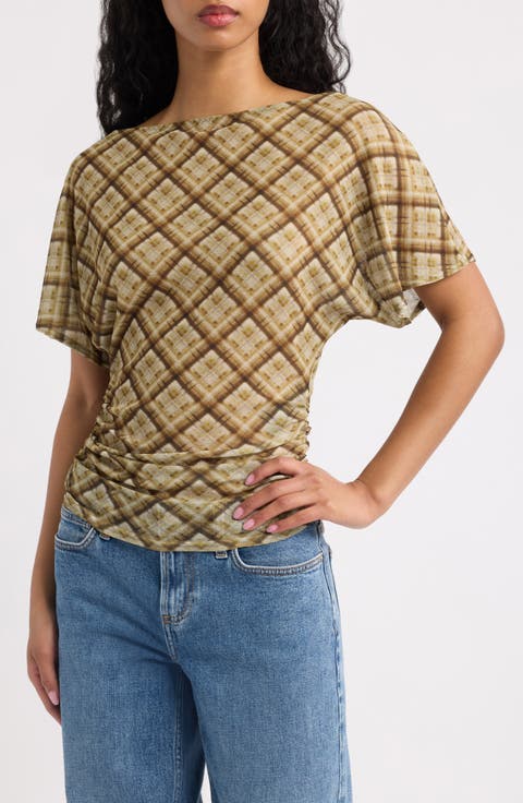 Slash Neck Ruched Mesh Top