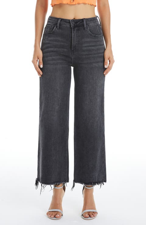 High Waist Fray Hem Ankle Wide Leg Jeans (Washed Black)