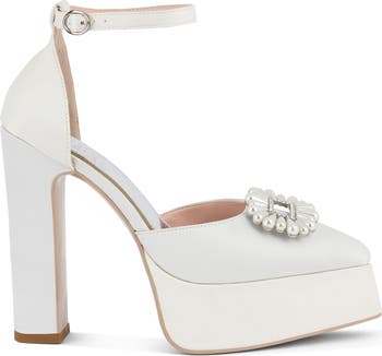 Maeissa Pearly Brooch Ankle Strap Platform Pump