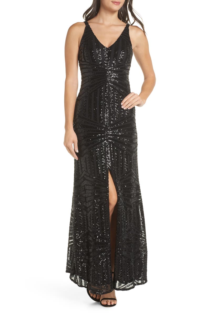 Morgan & Co. V-Neck Sequin Column Gown, Main, color,