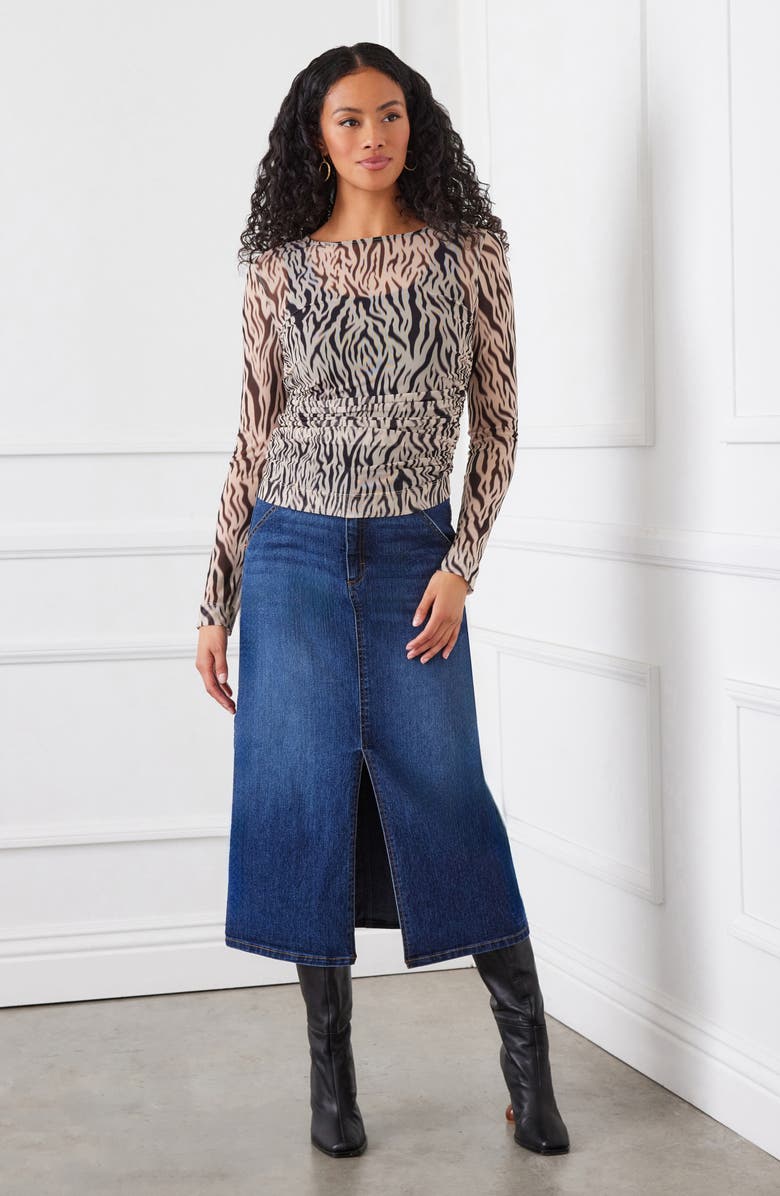 Karen Kane Zebra Print Side Ruched Sheer Mesh Top, Alternate, color, 