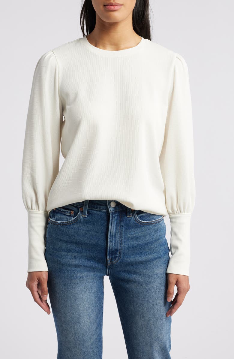 Caslon<sup>®</sup> Crewneck Puff Sleeve Rib Top, Main, color, Ivory Pristine