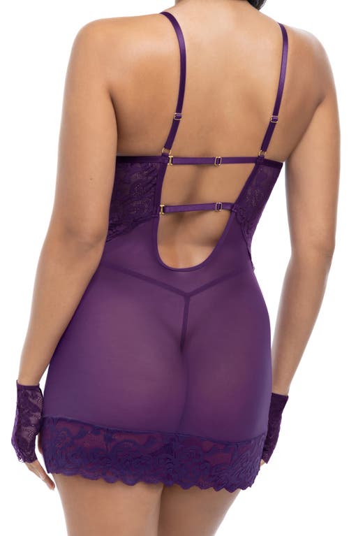 Oh La La Cheri Antoinette Floral Lace & Mesh Teddy, G-string & Gloves Set In Imperial Purple