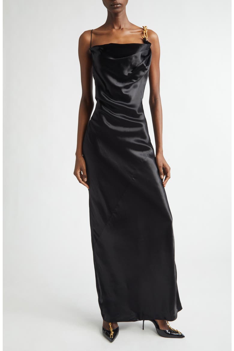 Chain Strap Satin Gown, Main, color, 0PA BLACK