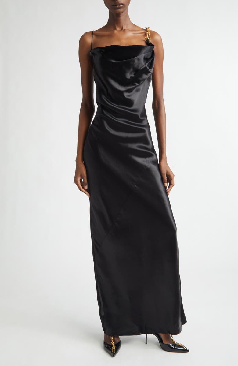 Balmain Chain Strap Satin Gown, Main, color, 0Pa Black