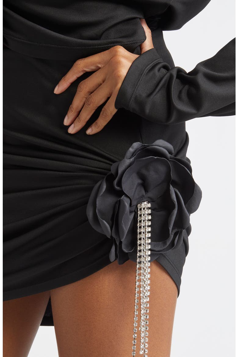 Crystal Flower Draped Miniskirt, Alternate, color, BLACK