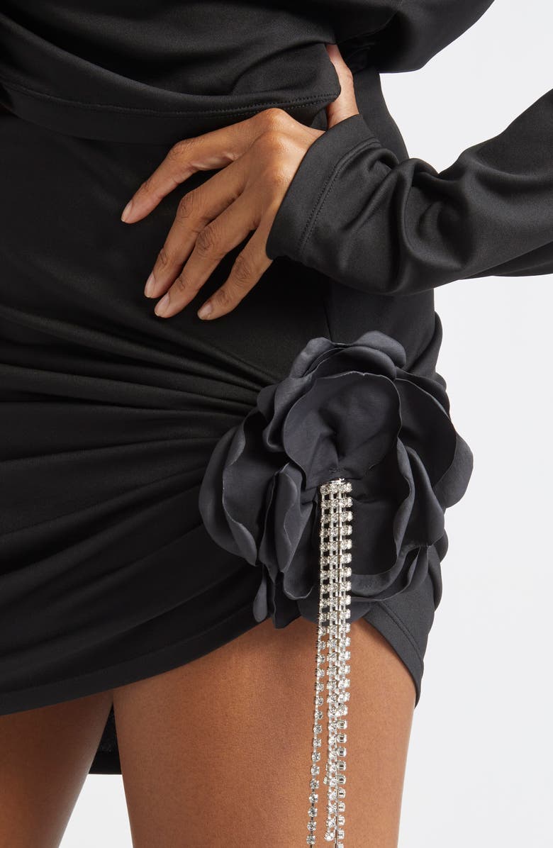 Area Crystal Flower Draped Miniskirt, Alternate, color, Black