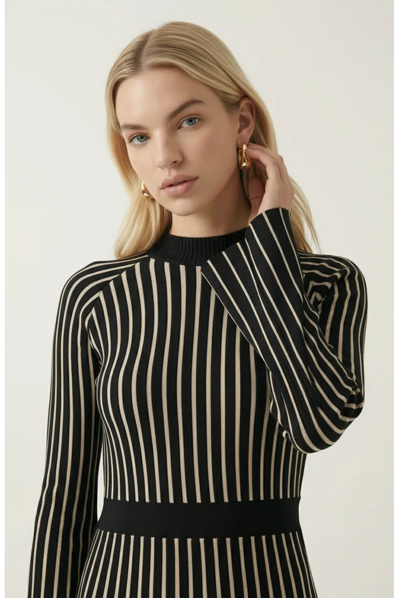 Striped Rib-Knit Long Sleeve Maxi Dress with Mock Neck, Alternate, color, Black / White Stripe