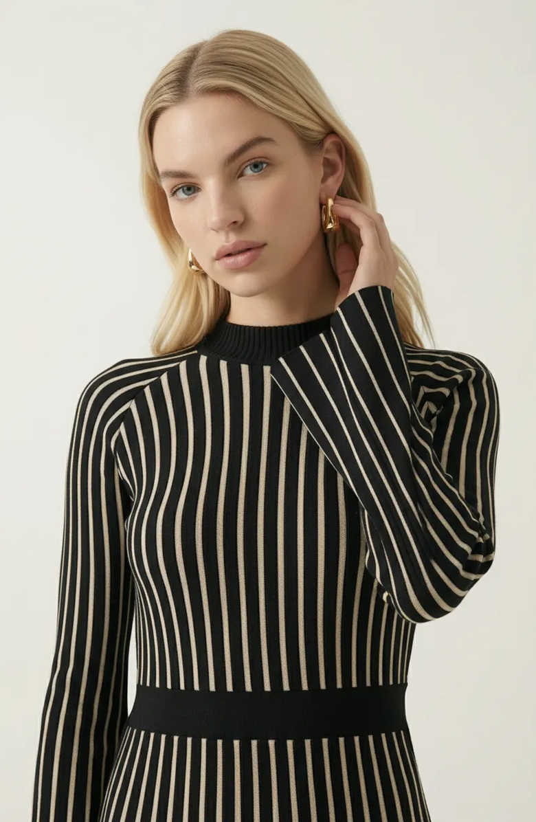 Modenaire Striped Rib-Knit Long Sleeve Maxi Dress with Mock Neck, Alternate, color, Black / White Stripe