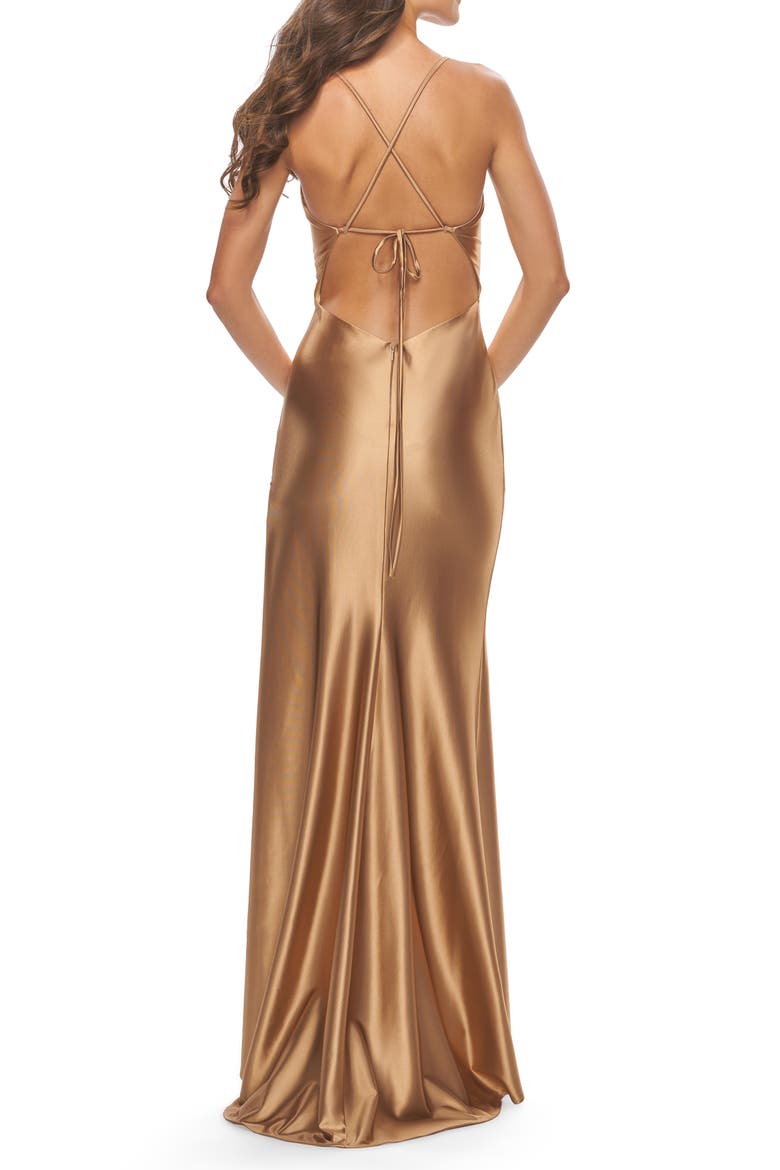 Fitted Liquid Jersey Dress with High Slit and Open Back, Alternate, color, Bronze