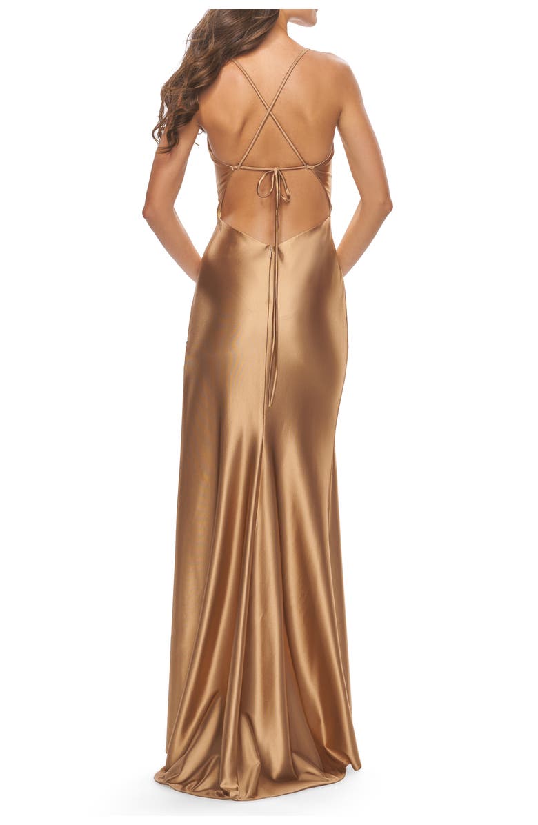 La Femme Fitted Liquid Jersey Dress with High Slit and Open Back, Alternate, color, Bronze